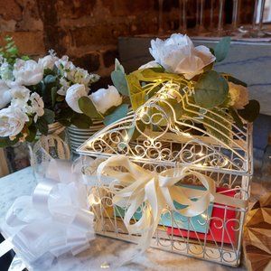 White Metal Heart Bird Cage Terrarium Wedding Card Holder